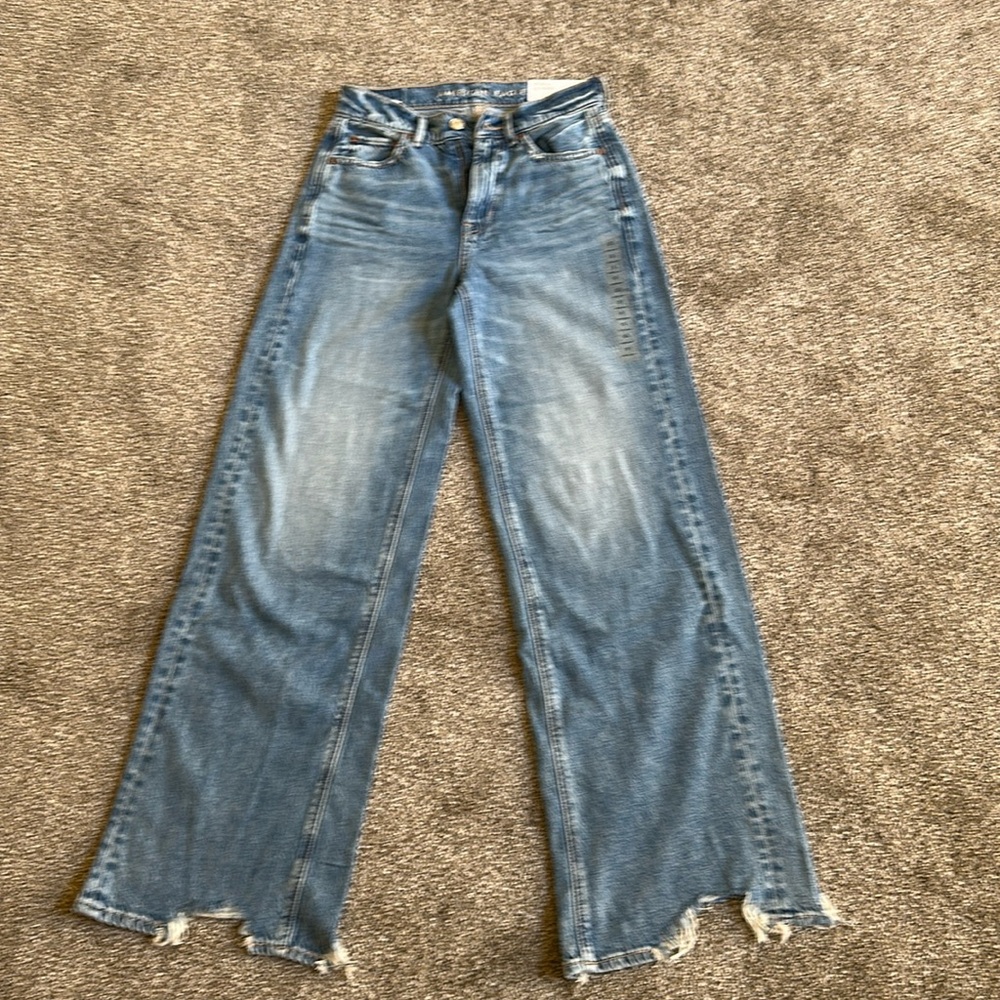 BNWT American Eagle Bright Indigo Baggy Wide Leg Jeans Size 0 Regular (25 waist)